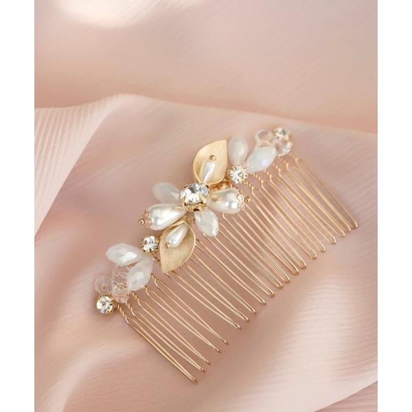 カットビジューとパールのボタニカルラインコーム