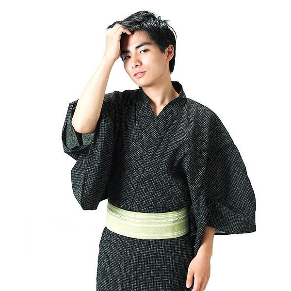 浴衣 メンズ 浴衣2点セット　黒色破れ細格子浴衣×グリーン献上柄角帯 男性浴衣 メンズ