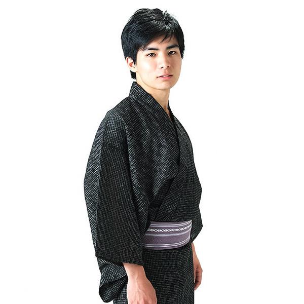 浴衣 メンズ 浴衣2点セット　黒色破れ細格子浴衣×浅紫色献上柄角帯 男性浴衣 メンズ