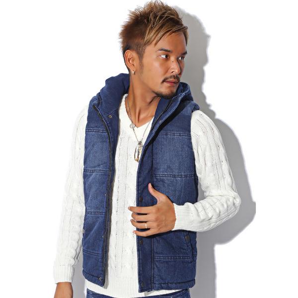 ダウンベスト ベスト インディゴデニムフーデッド中綿ベスト メンズ