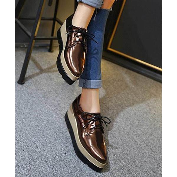 シューズ エナメルプラットフォームウェッジ厚底オックスフォードシューズ レディース