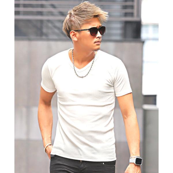tシャツ ランダムテレコ無地VネックTシャツ メンズ