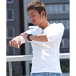 tシャツ Tシャツ ランダムテレコ＆リブVネック7分袖カットソー