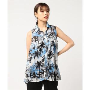 シャツ ブラウス ヤシ柄タックノースリーブシャツ