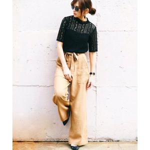 パンツ リネン＆デニム ウエストリボン付きワイドパンツ