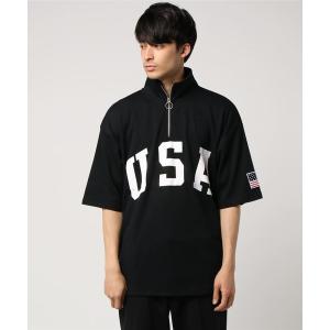 tシャツ 星条旗USAロゴプリントビッグシルエットハーフジップアップ半袖Tシャツ メンズ レディース