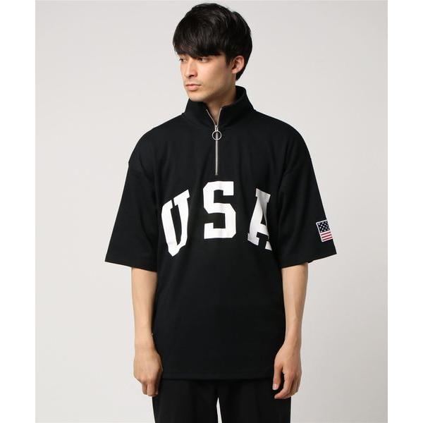 tシャツ 星条旗USAロゴプリントビッグシルエットハーフジップアップ半袖Tシャツ メンズ レディース
