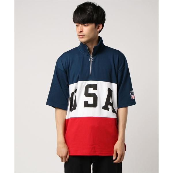 tシャツ 星条旗USAロゴプリントビッグシルエットハーフジップアップ半袖Tシャツ メンズ レディース