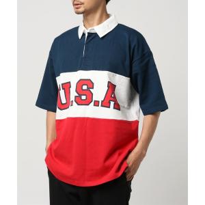ポロシャツ 半袖 切替ロゴプリントビッグシルエット半袖ラガーシャツ メンズ レディース