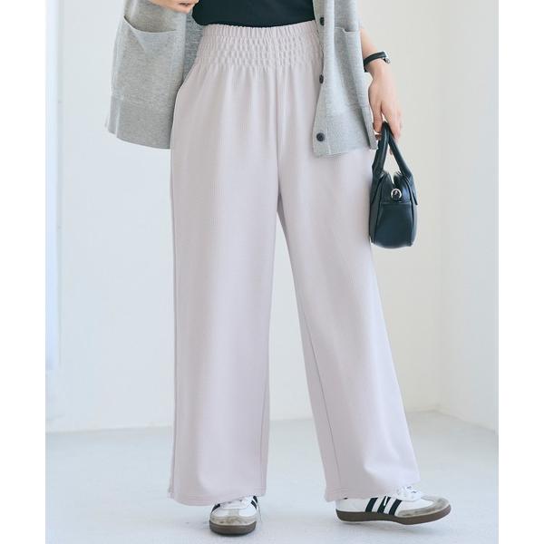 パンツ エンボス加工ウエストシャーリングワイドパンツ レディース