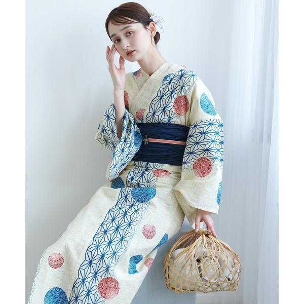 浴衣 浴衣3点セット 綿麻 紺色の麻の葉と鞠 レディース