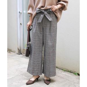 パンツ スラックス グレンチェックウエストリボン付きワイドパンツ ウエストゴム