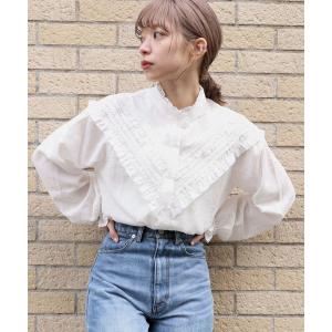 シャツ ブラウス レース×タックハイネックブラウス