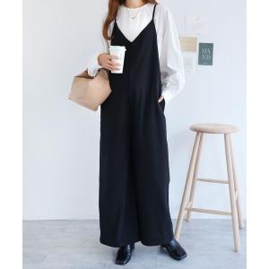 サロペット オーバーオール 起毛Vネックキャミワイドサロペット
