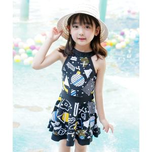水着 水着 キッズモダンプリントハイネック風ワンピース