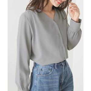シャツ ブラウス ショルダータックVネックノーカラーブラウス