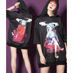 パーカー 前後ダーティーガールズスモーキング半袖プルオーバーパーカー -スーパービッグ-