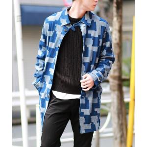 ステンカラーコート パッチワーク柄 ニットデニム ステンカラーコート