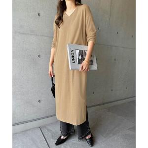 ワンピース 薄手ニットソーVネックロング丈ワンピース