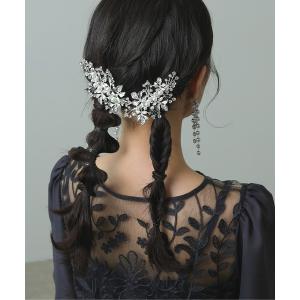 ヘアクリップ 枝葉のモチーフ パールとビジューのシルバー
