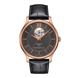 腕時計  TISSOT トラディション オートマティック オープンハート パワーマティック80 アンスラサイト文字盤 レザー