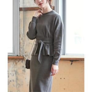 アンサンブル リボン付ニット×タイトスカートセットアップ