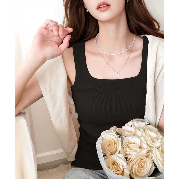 タンクトップ ノースリーブ スクエアネック 無地リブタンクトップ(袖なし) レディース