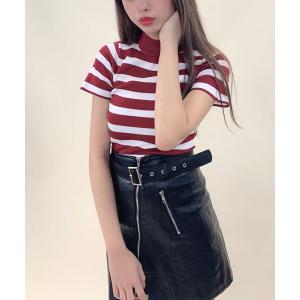 ニット ZIPデザイン半袖ボーダーニットTOPS