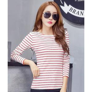 tシャツ Tシャツ レディース 長袖ボーダー柄クルーネックロングTシャツ