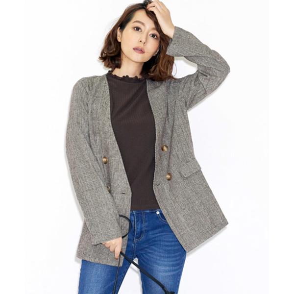 ジャケット ノーカラージャケット モノトーンチェックノーカラーダブルボタンジャケット レディース