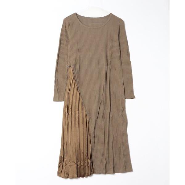 ワンピース ワイドリブ×布帛レイヤードプリーツ切り替え長袖リブワンピース