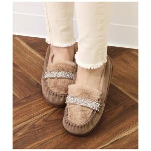 シューズ モカシン デッキシューズ ビジューラメ×ファー厚底モカシン