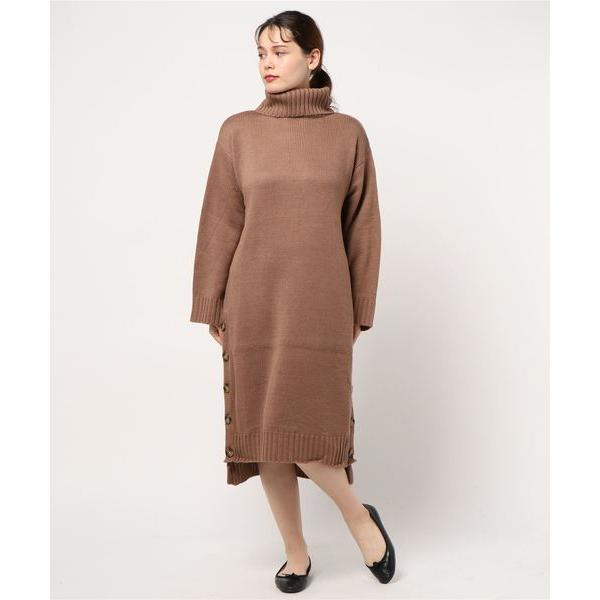 ワンピース 天竺編みサイドボタンタートルネックニットワンピース