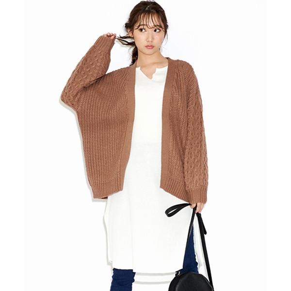 カーディガン 袖アラン柄ざっくりビッグシルエットケーブルカーディガン レディース