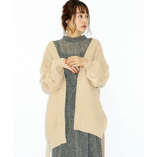カーディガン アイスランド糸ベルト付きビッグシルエットケーブルカーディガン レディース