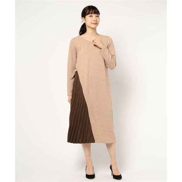 ワンピース サイドチェック柄プリーツニットワンピース