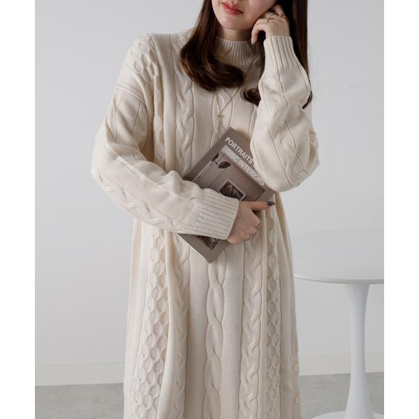 ワンピース ケーブル柄ロング丈ニットワンピース