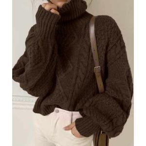 ニット セーター レディース ローゲージ風ぽわん袖タートルネックニットセーター レディース