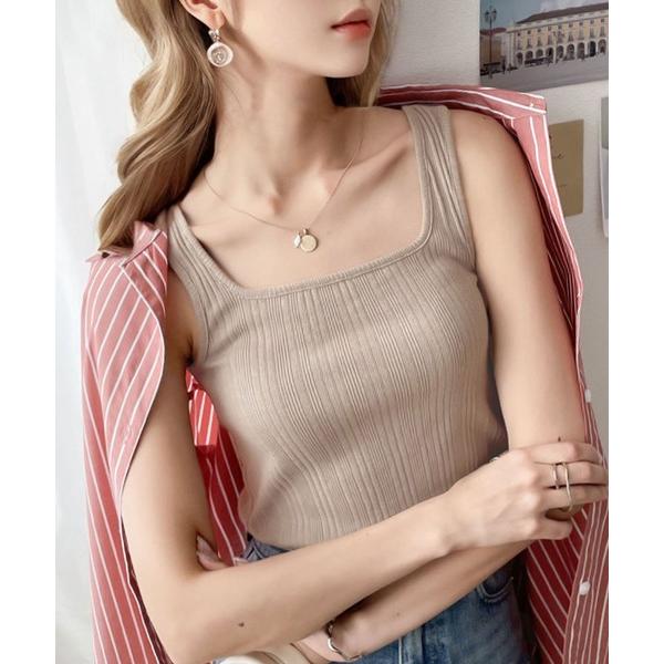 タンクトップ ノースリーブ ランダムリブ スクエア無地2wayタンクトップ（袖なし） レディース