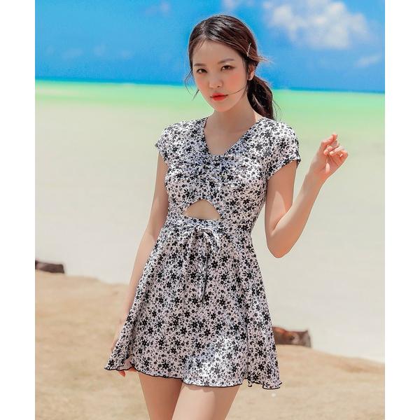 水着 花柄ワンピースデザイン セパレートタンキニ 水着2点セット レディース