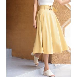 スカート べっ甲柄のバックルベルト付ミモレ丈フレアスカート
