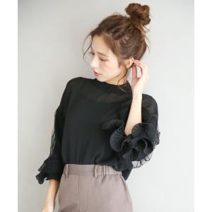 シャツ ブラウス ボリュームレース袖スタンドカラートップス