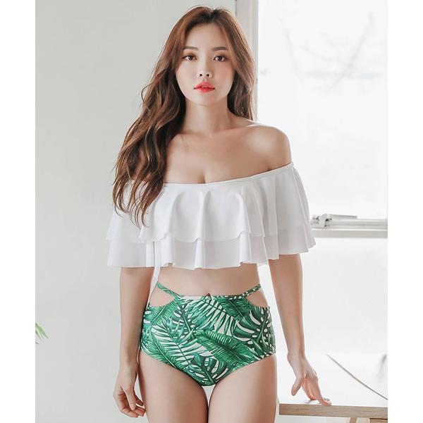 水着 オフショルダーフリルトップス×リーフ柄ショーツビキニ 水着2点セット レディース