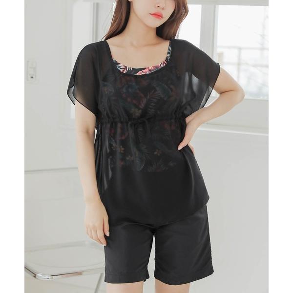 水着 シフォンカバートップス付き キャミソールタンキニ 水着4点セット レディース