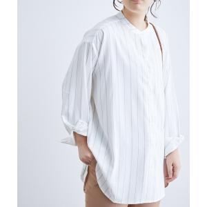 シャツ ブラウス チュニック丈バンドカラーシャツ