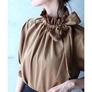 シャツ ブラウス ギャザーを寄せるリボンネックブラウストップス