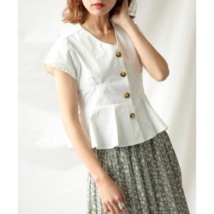 シャツ ブラウス ペプラムフロントボタン半袖Vネックリボンブラウス