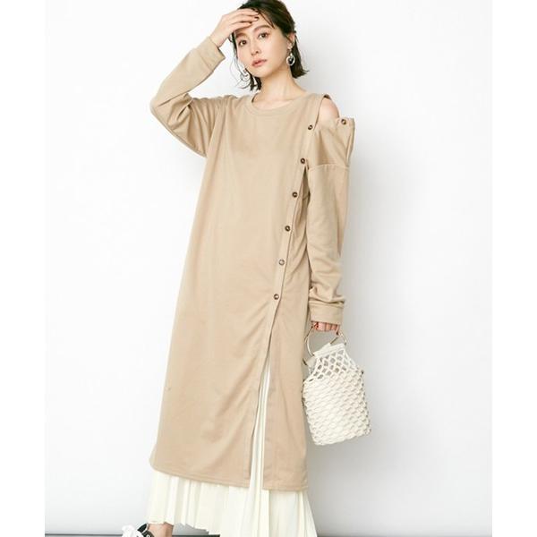 ワンピース アシンメトリーボタンあきスリットワンピース