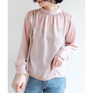 シャツ ブラウス サテン長袖プチハイネックブラウス