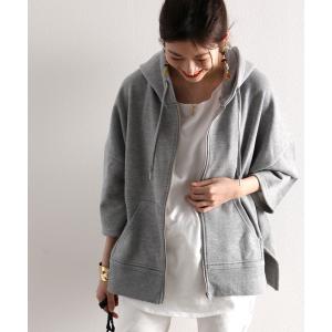 パーカー バックプリント＆ 無地サイドスリット入り ジップアップパーカー(半端袖)